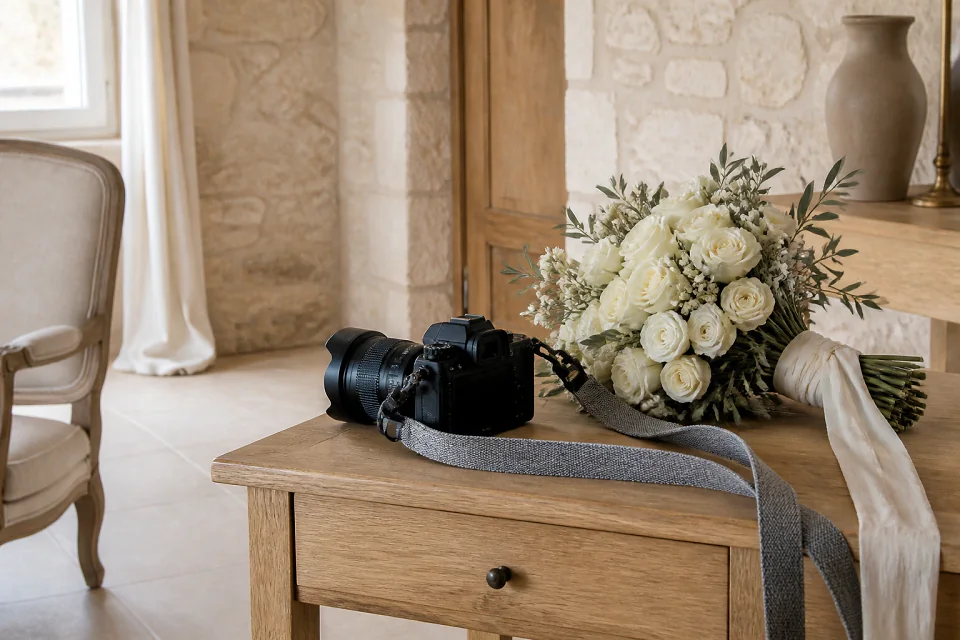 Appareil photo et accessoires de reportage de mariage — illustration générée par IA