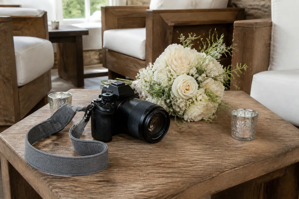 Appareil photo et accessoires de reportage de mariage — illustration générée par IA