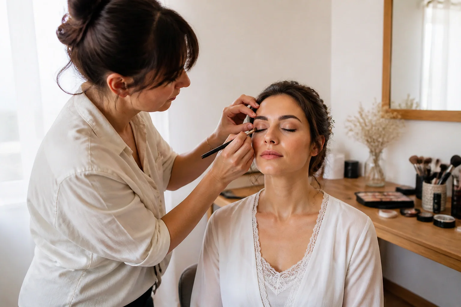 Préparation d’un maquillage de mariage — illustration générée par IA