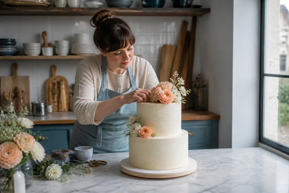 Gâteau de mariage préparé dans un atelier — illustration générée par IA
