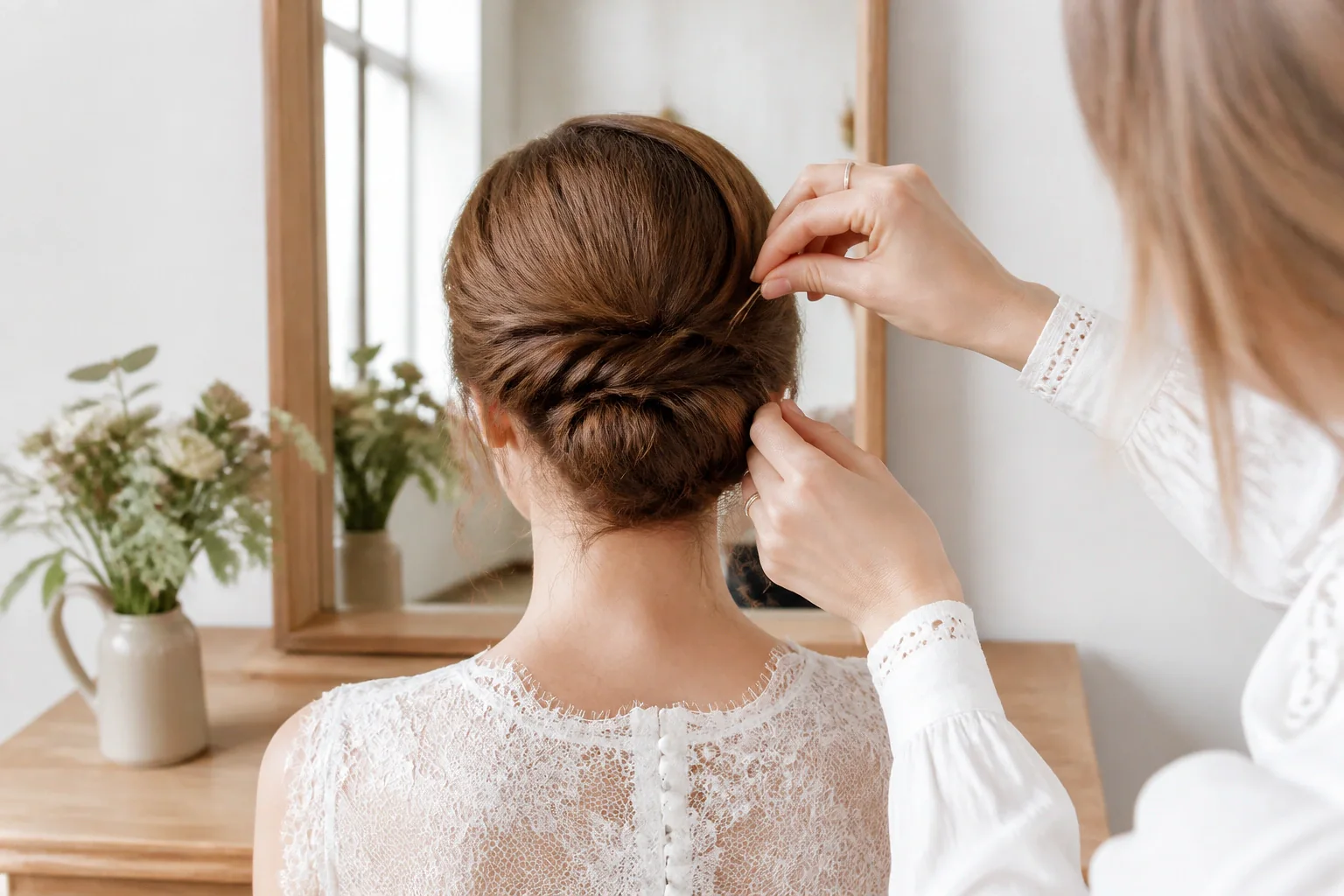 Coiffure de cérémonie vue pendant la préparation — illustration générée par IA