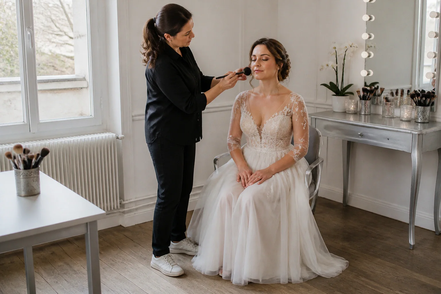 Préparation d’un maquillage de mariage — illustration générée par IA