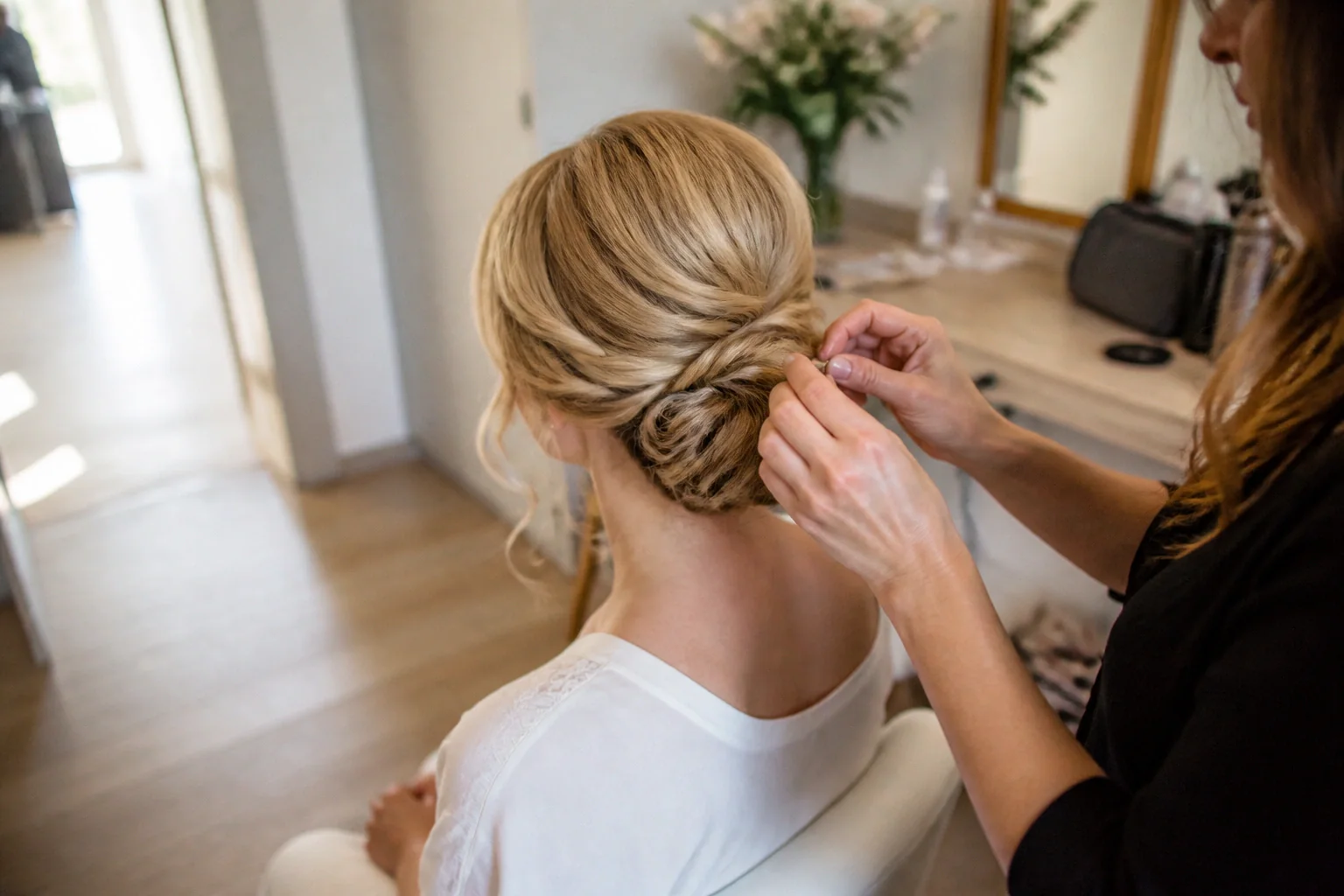 Coiffure de cérémonie vue pendant la préparation — illustration générée par IA