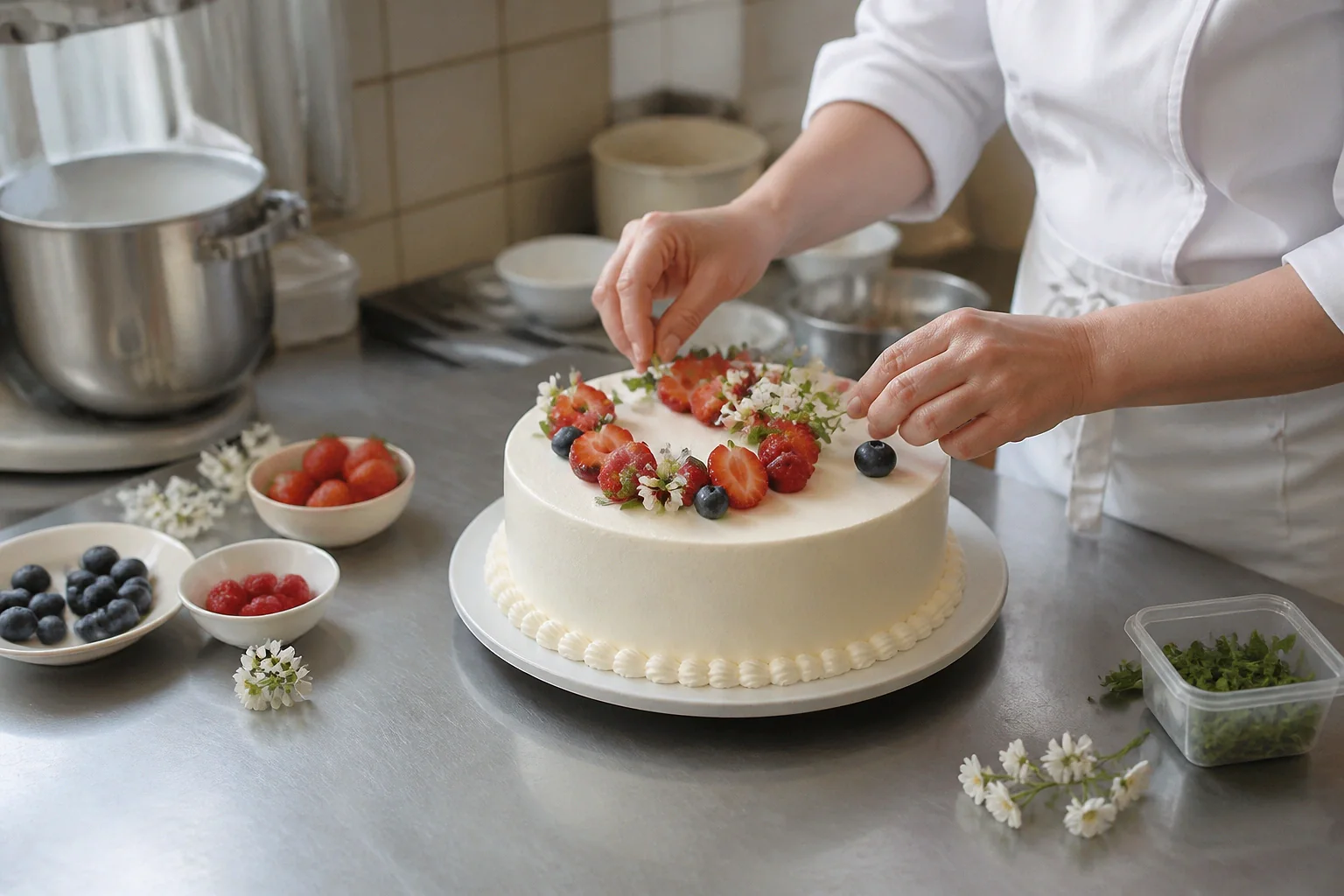 Gâteau de mariage préparé dans un atelier — illustration générée par IA