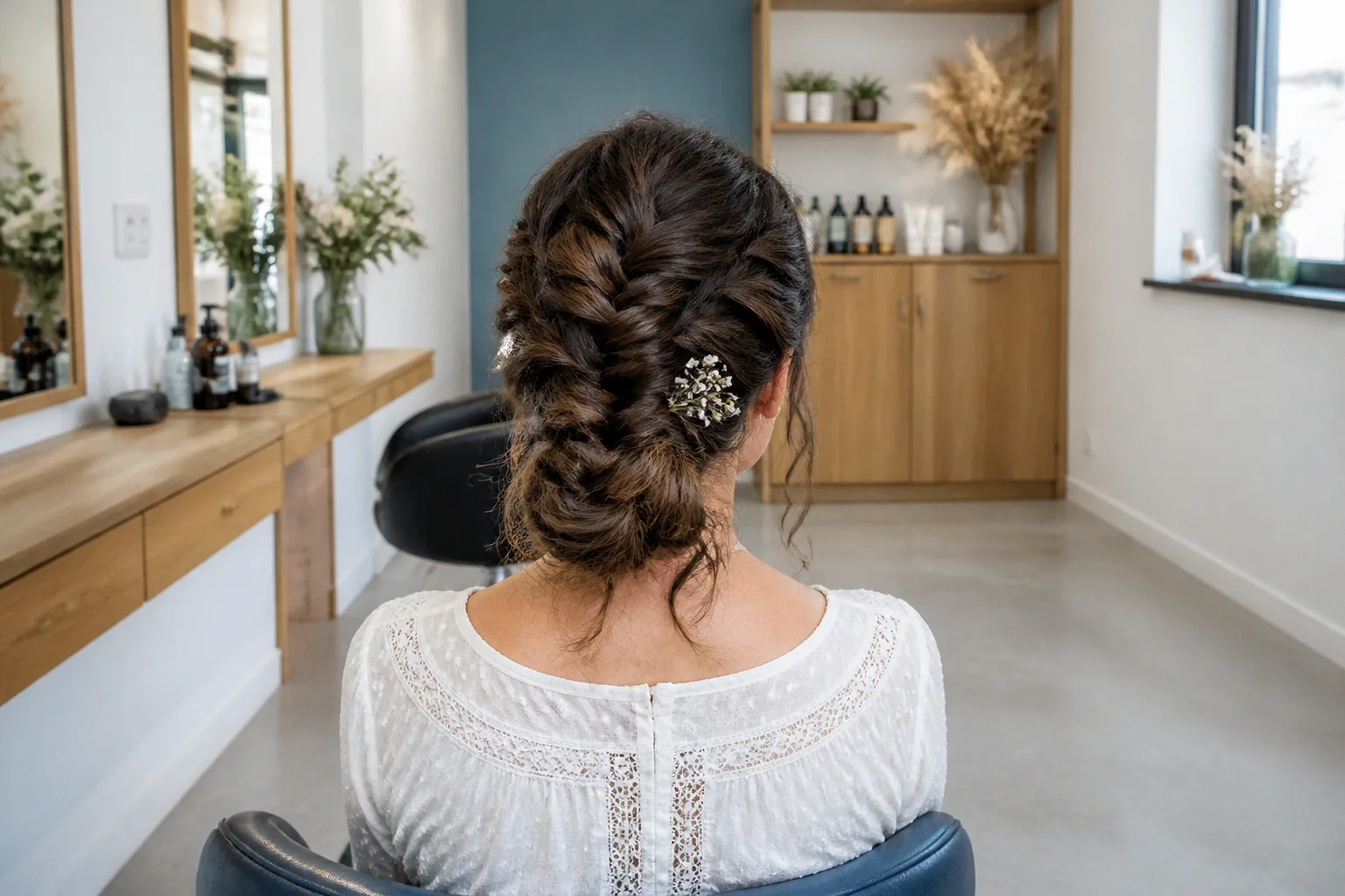 Coiffure de cérémonie vue pendant la préparation — illustration générée par IA