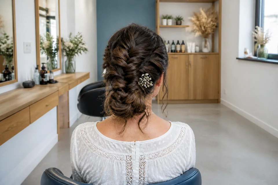 Coiffure de cérémonie vue pendant la préparation — illustration générée par IA