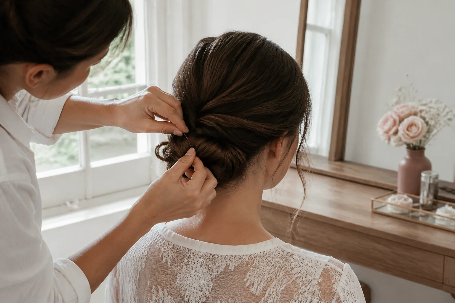 Coiffure de cérémonie vue pendant la préparation — illustration générée par IA