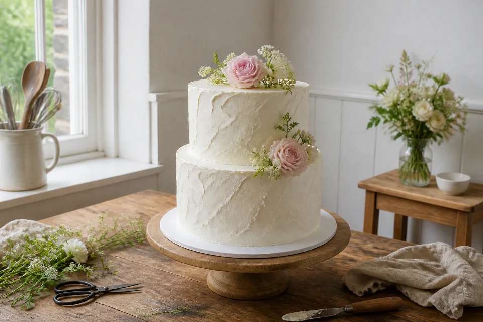 Gâteau de mariage préparé dans un atelier — illustration générée par IA