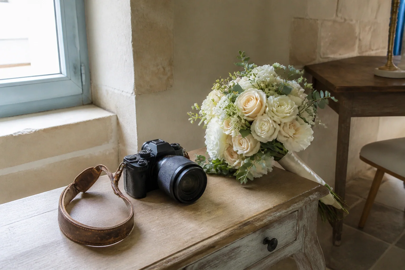 Appareil photo et accessoires de reportage de mariage — illustration générée par IA