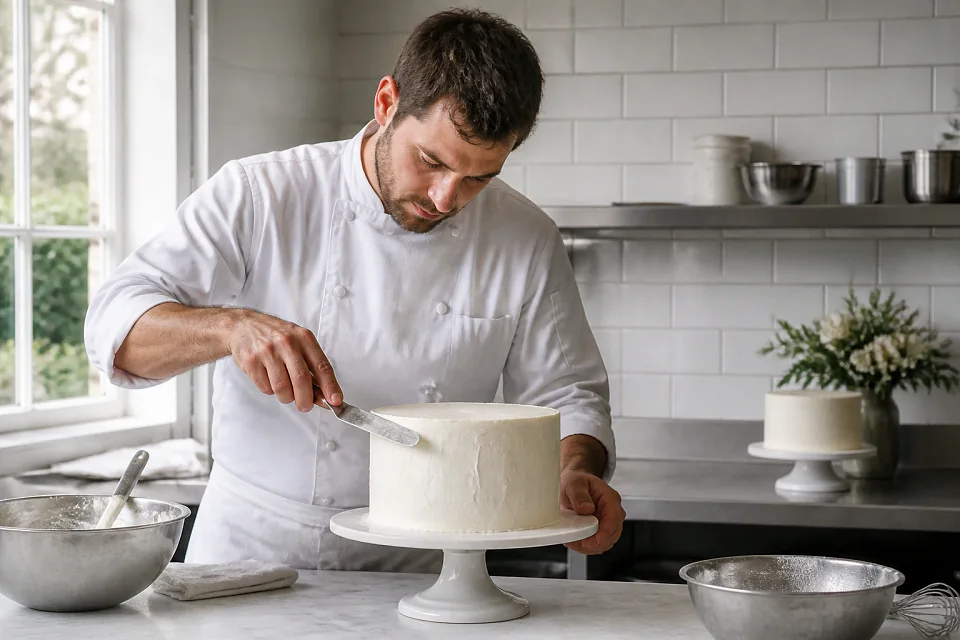 Gâteau de mariage préparé dans un atelier — illustration générée par IA