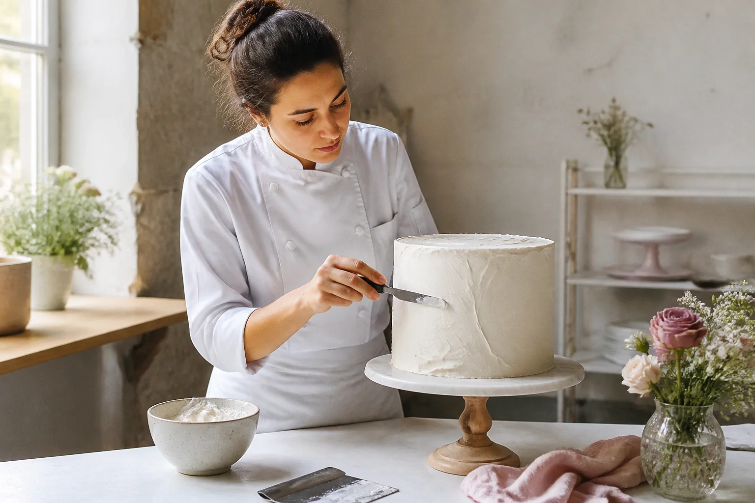 Gâteau de mariage préparé dans un atelier — illustration générée par IA