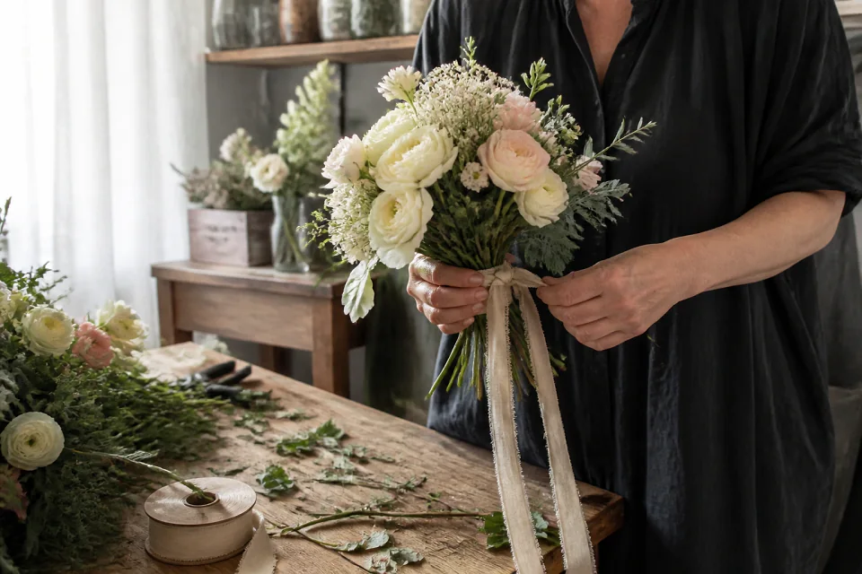 Préparation florale pour un mariage — illustration générée par IA