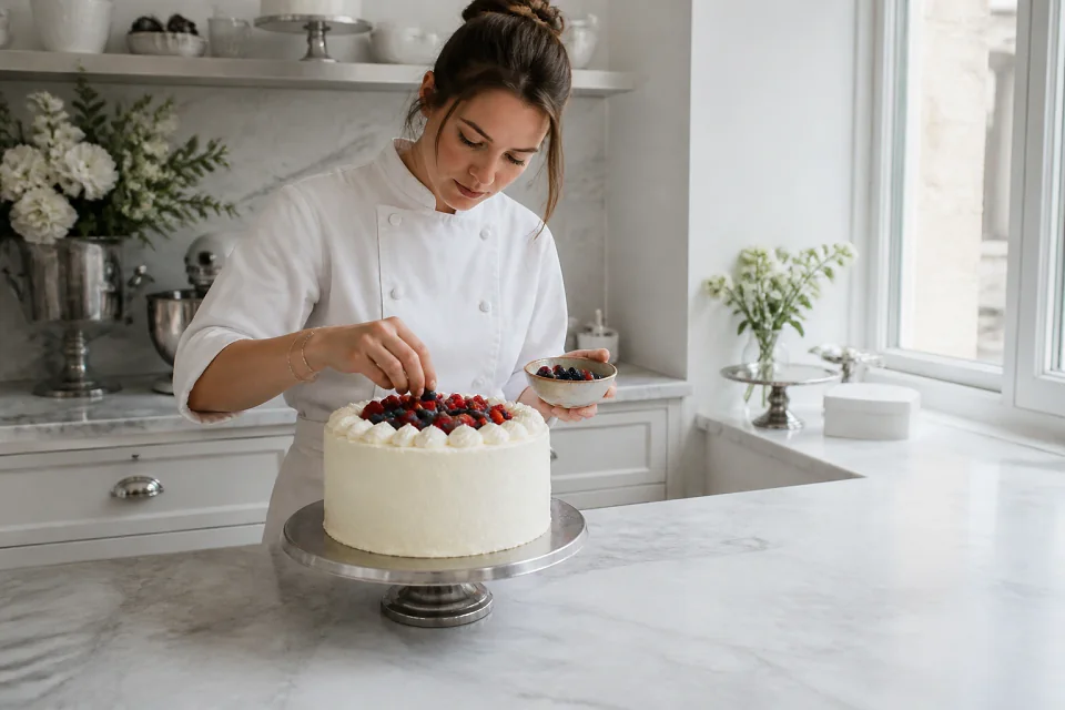 Gâteau de mariage préparé dans un atelier — illustration générée par IA