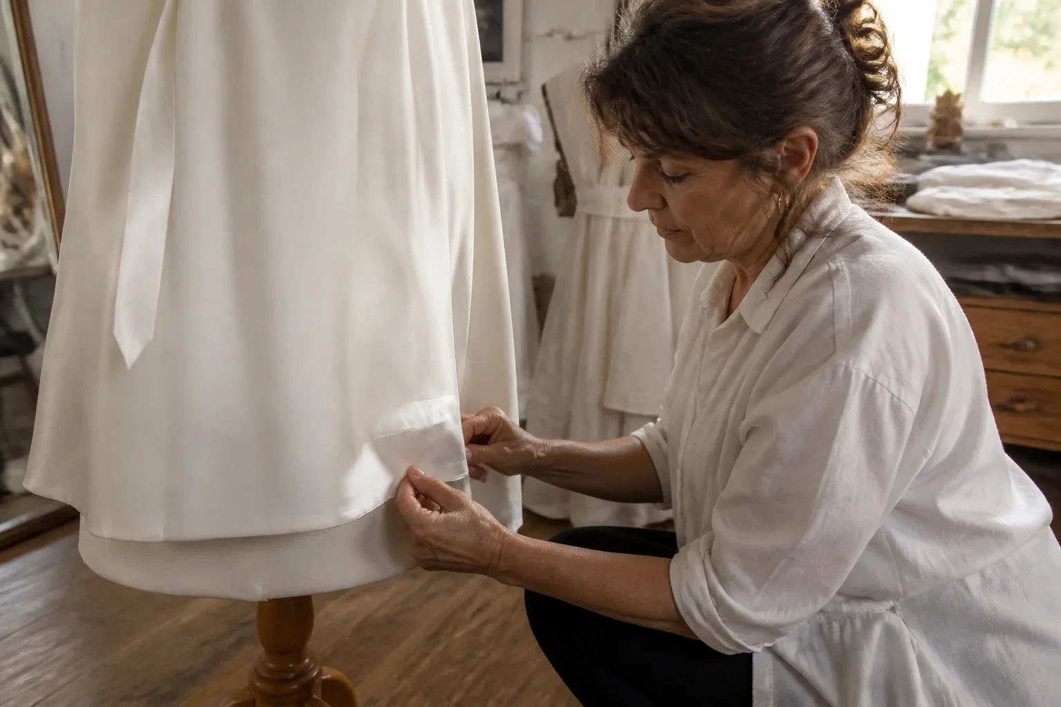 Robe de mariée dans un atelier de confection — illustration générée par IA