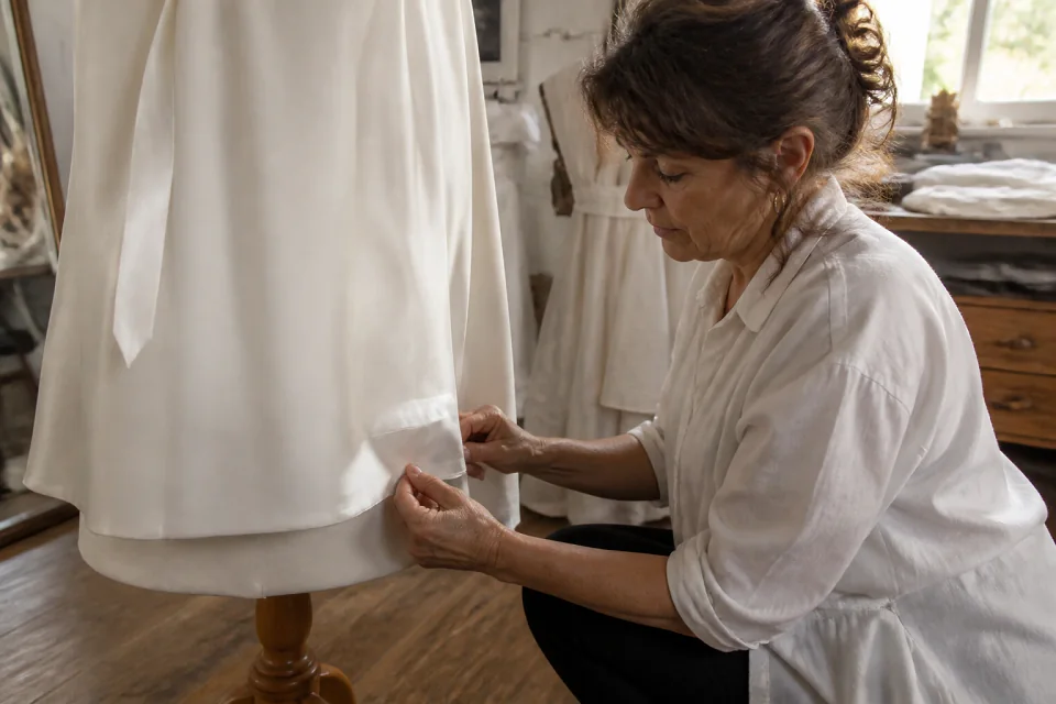 Robe de mariée dans un atelier de confection — illustration générée par IA