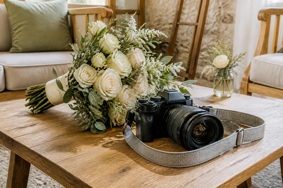 Appareil photo et accessoires de reportage de mariage — illustration générée par IA