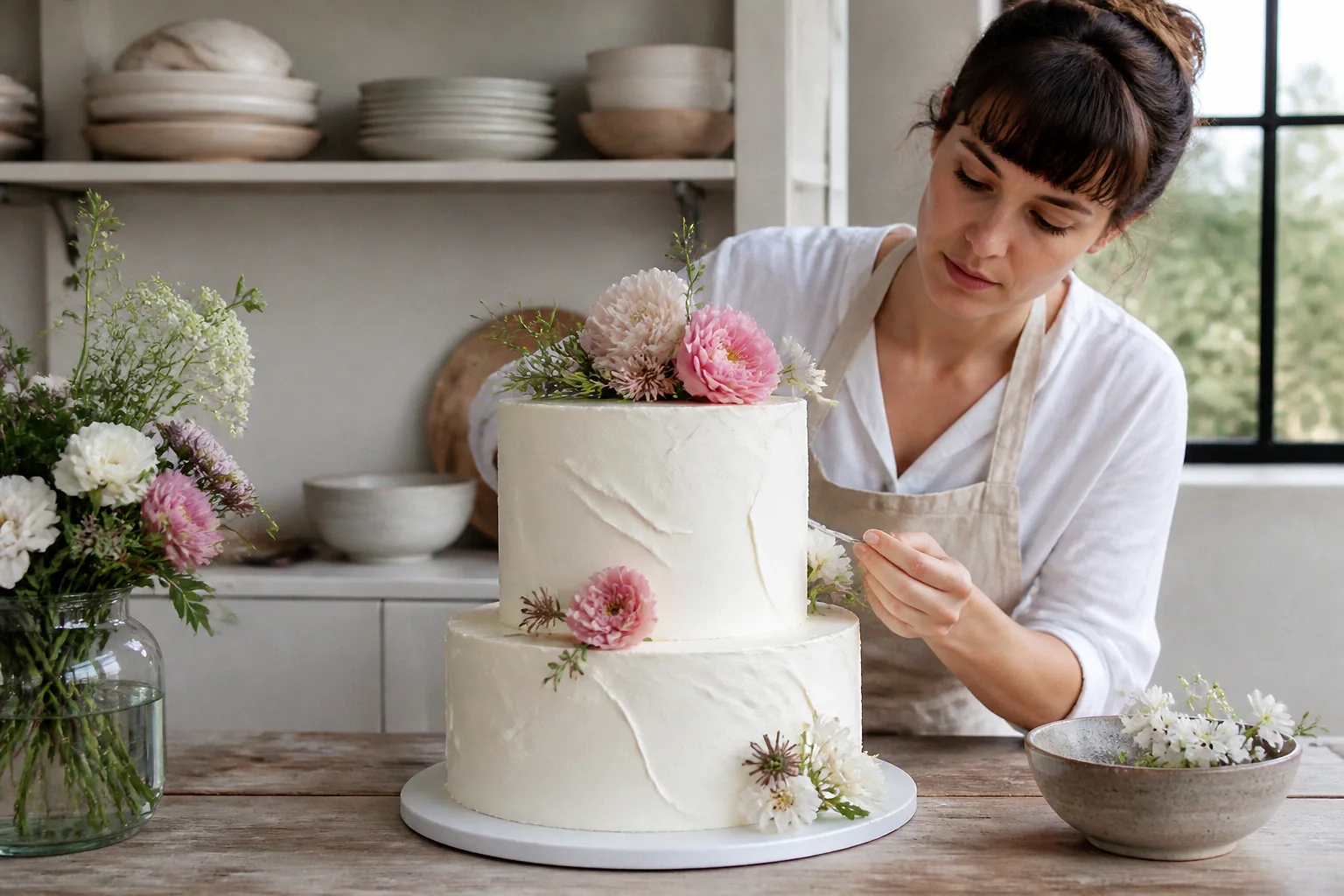 Gâteau de mariage préparé dans un atelier — illustration générée par IA