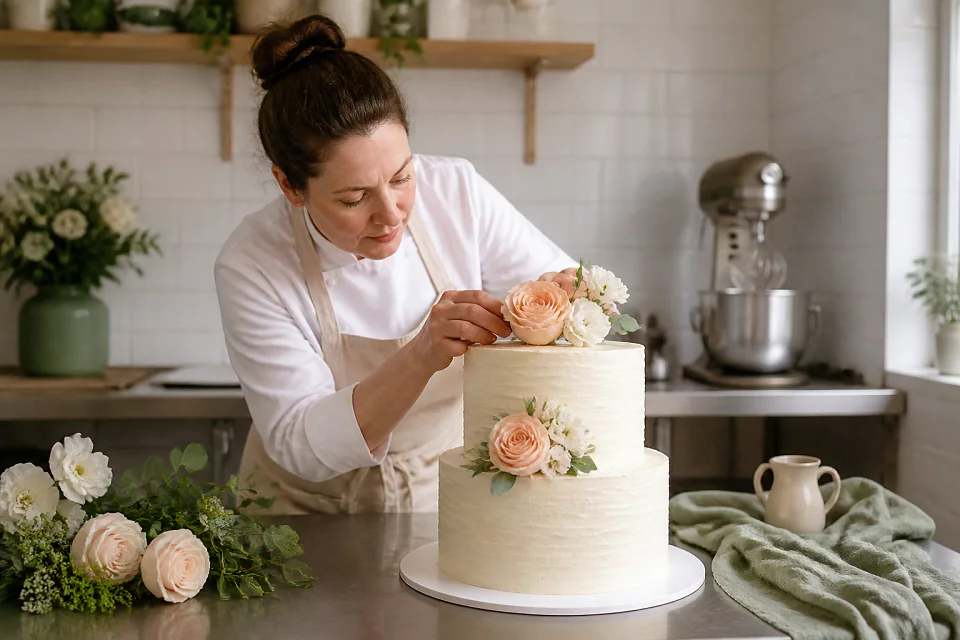 Gâteau de mariage préparé dans un atelier — illustration générée par IA