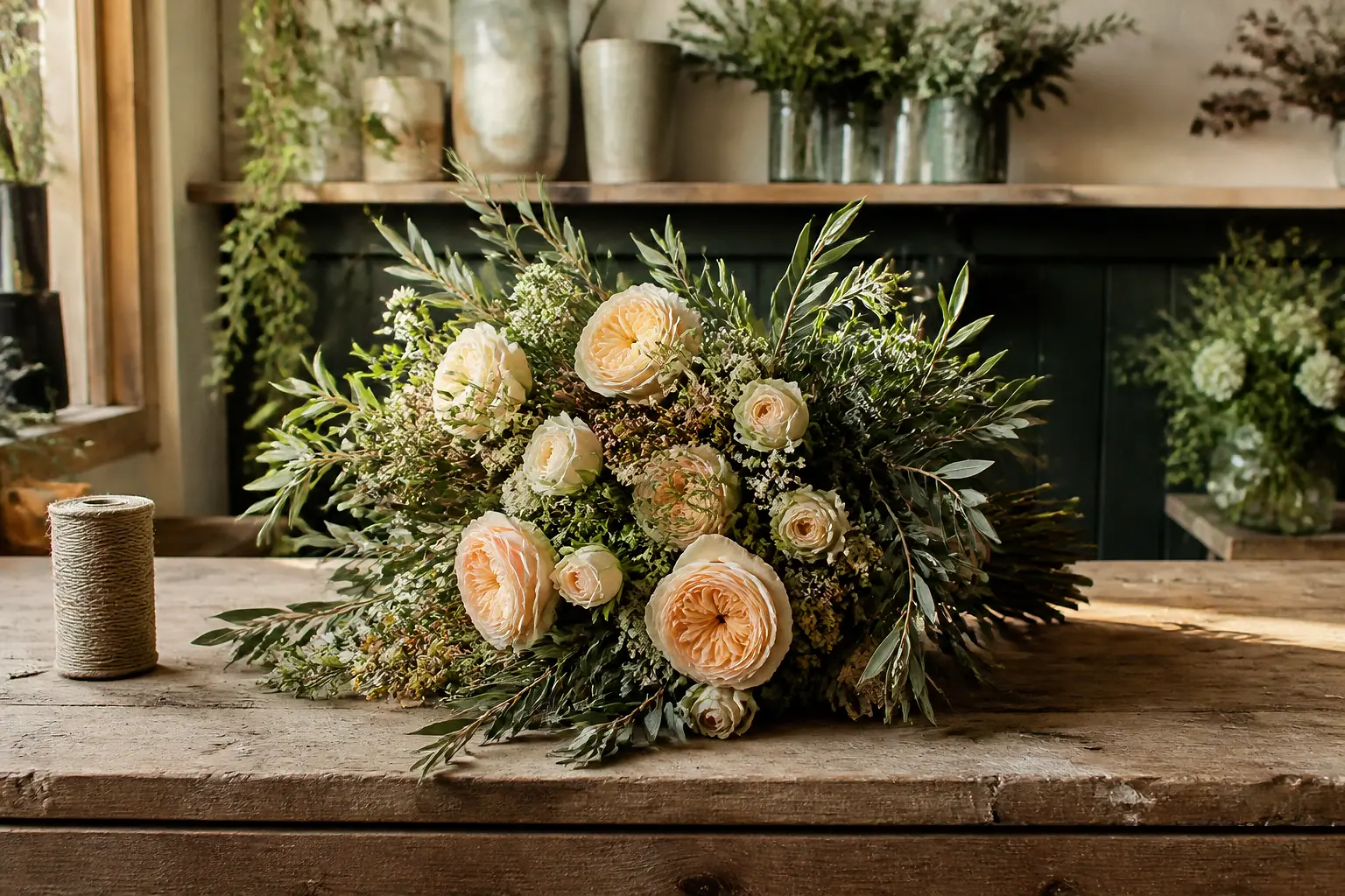 Préparation florale pour un mariage — illustration générée par IA