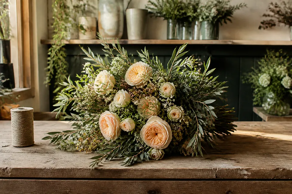 Préparation florale pour un mariage — illustration générée par IA