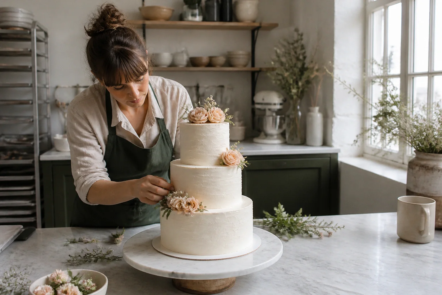 Gâteau de mariage préparé dans un atelier — illustration générée par IA