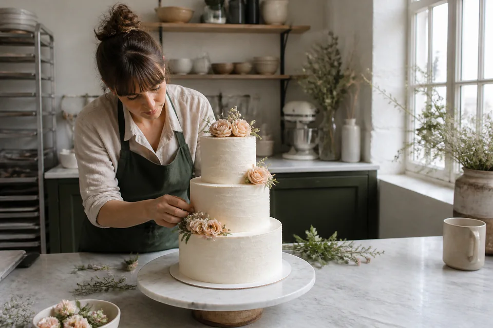 Gâteau de mariage préparé dans un atelier — illustration générée par IA