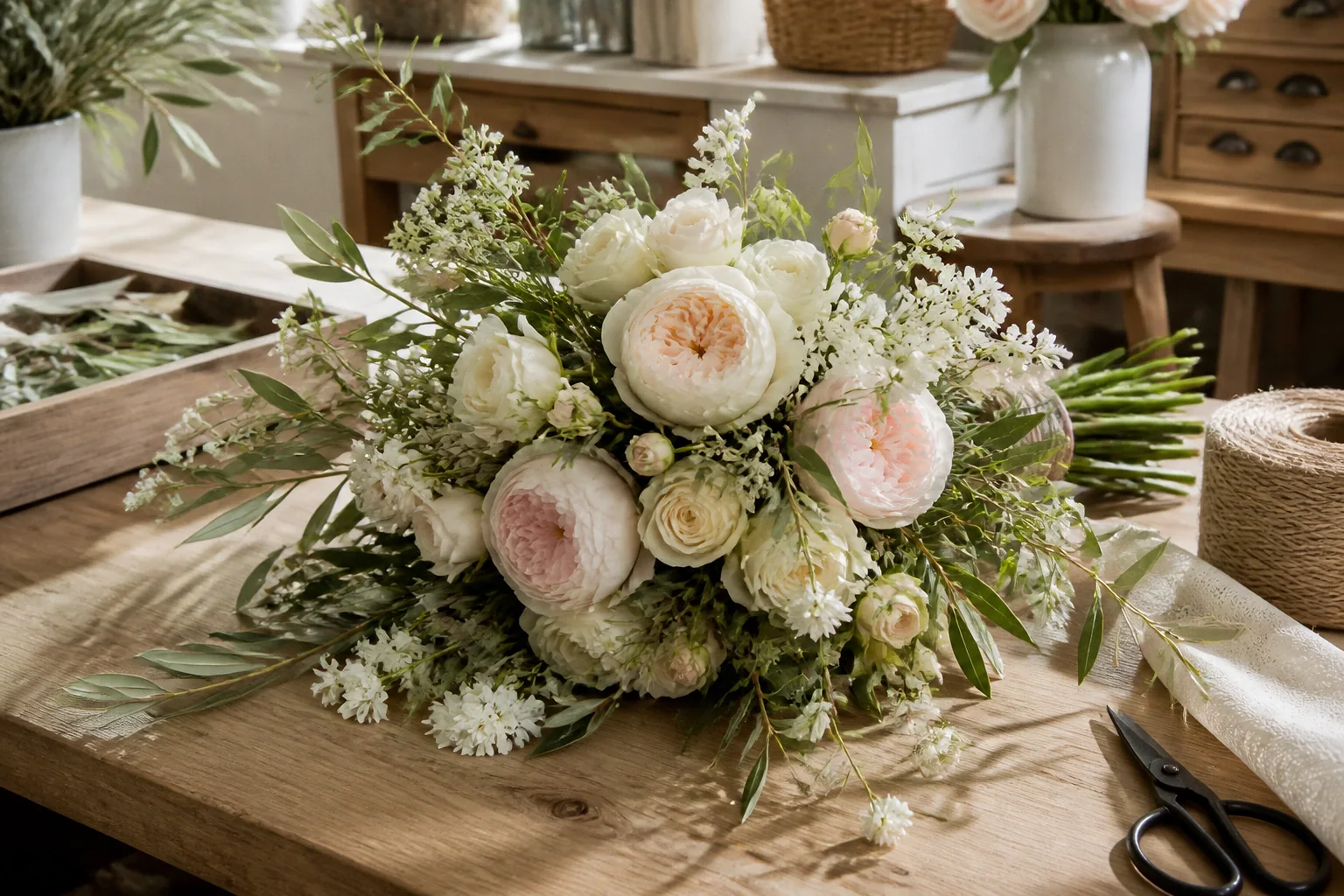 Préparation florale pour un mariage — illustration générée par IA