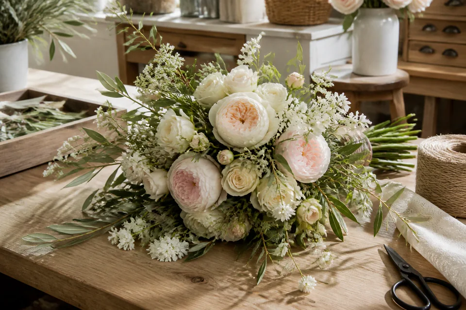Préparation florale pour un mariage — illustration générée par IA