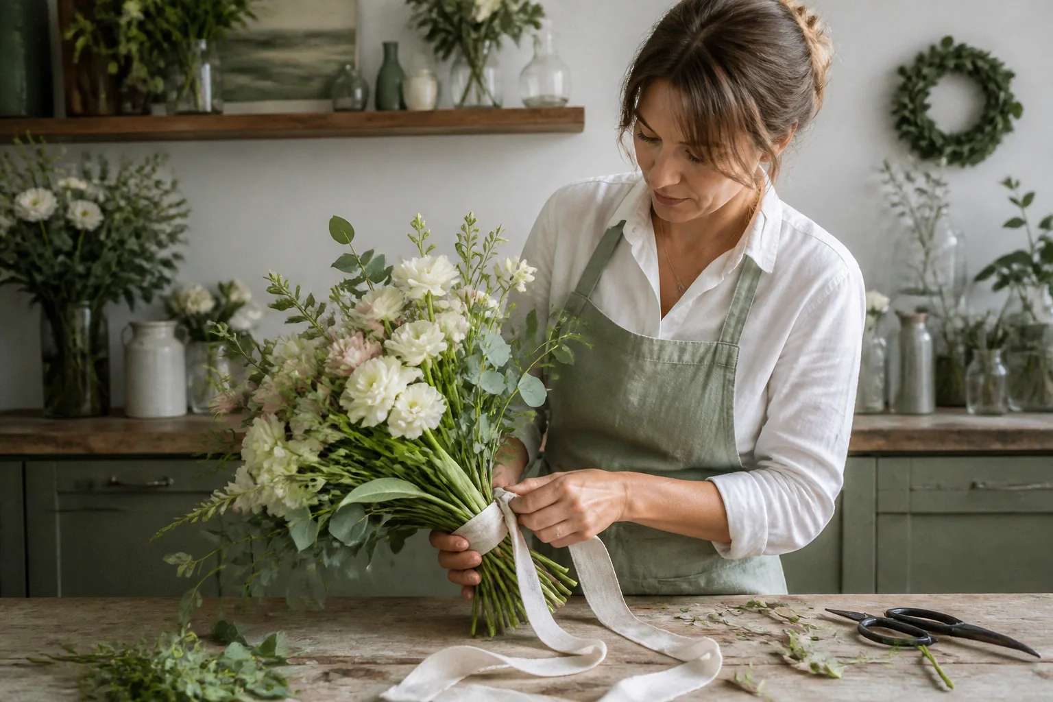 Préparation florale pour un mariage — illustration générée par IA
