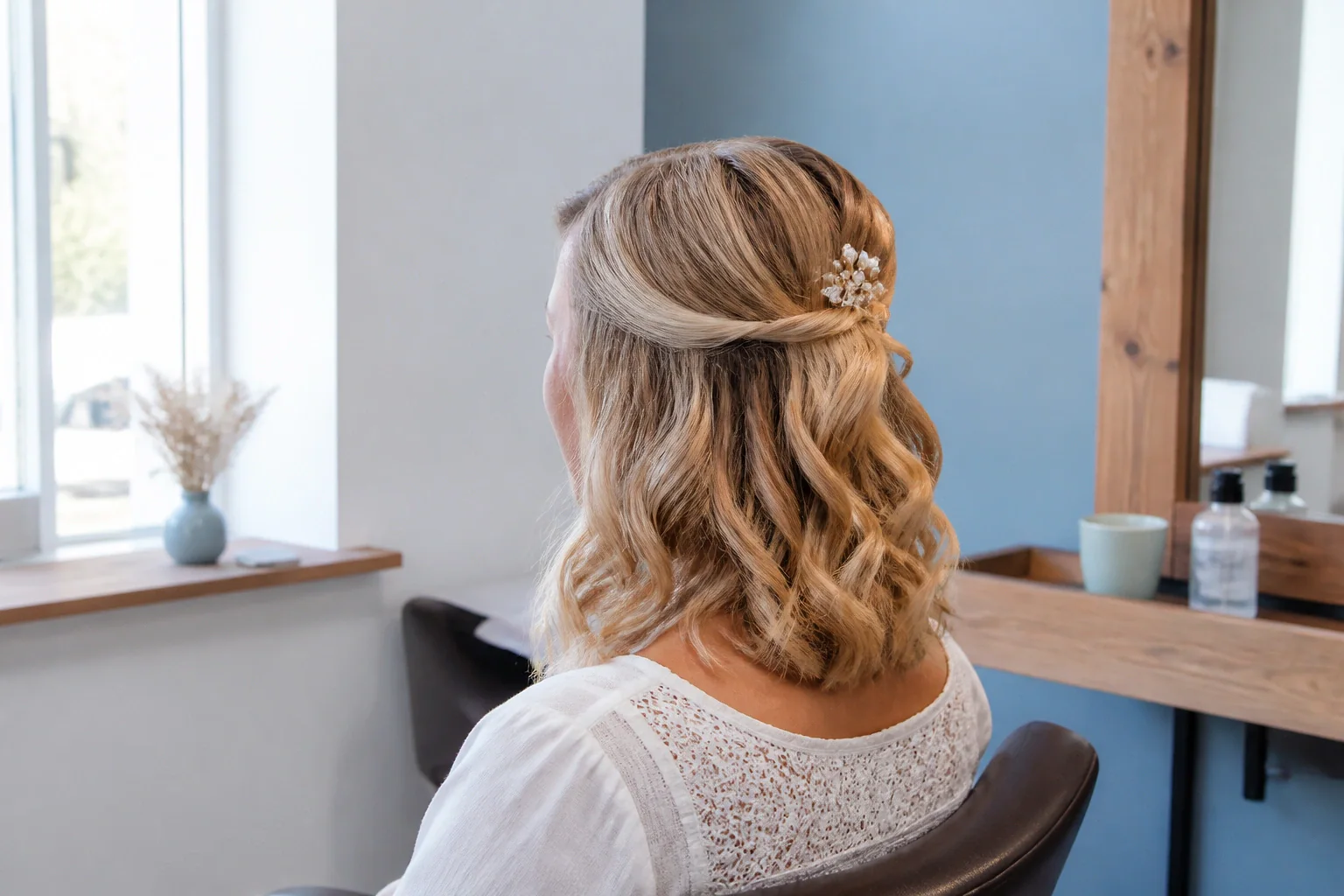 Coiffure de cérémonie vue pendant la préparation — illustration générée par IA