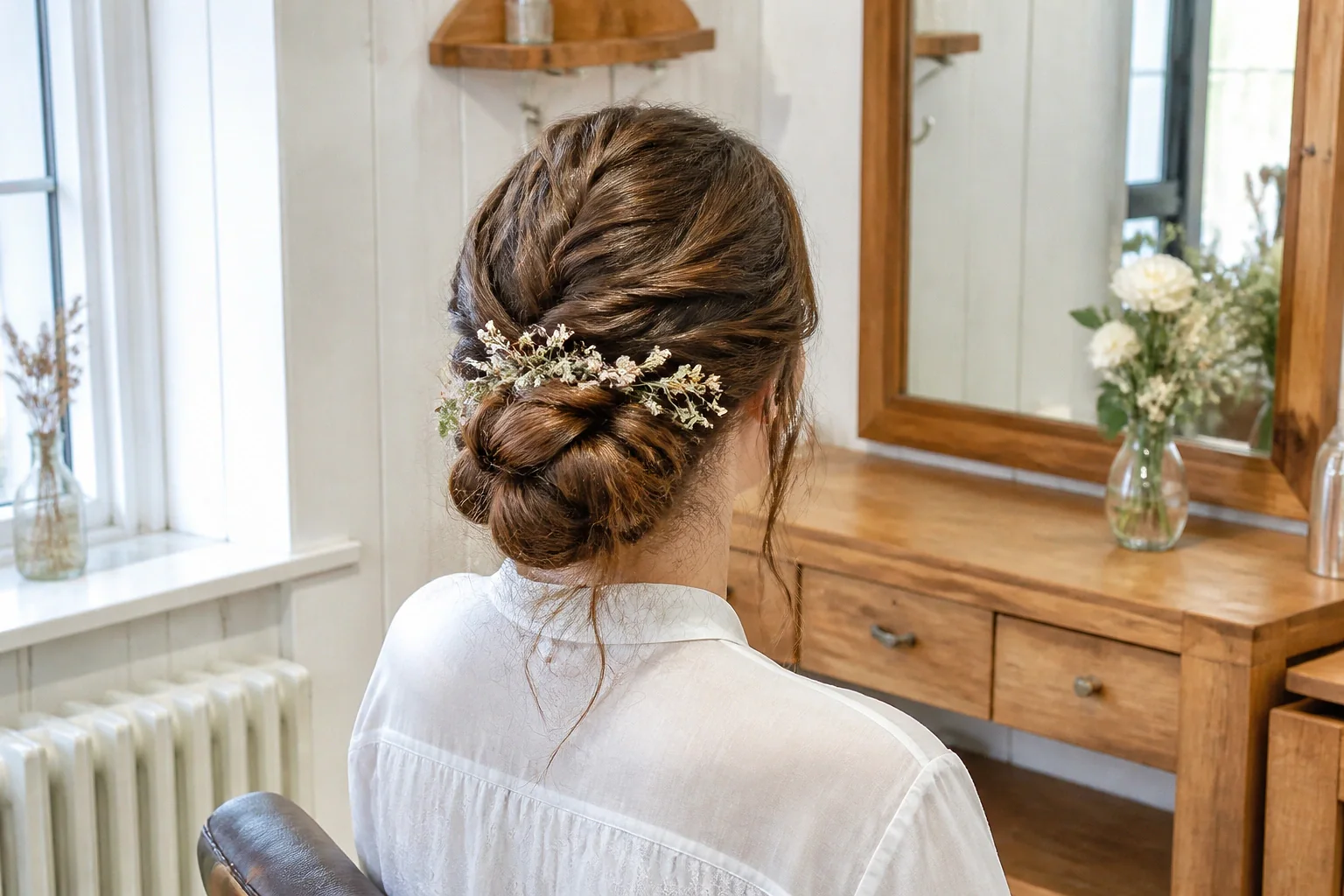 Coiffure de cérémonie vue pendant la préparation — illustration générée par IA