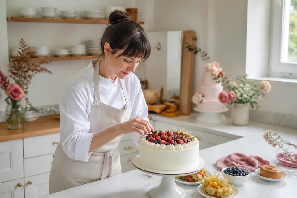 Gâteau de mariage préparé dans un atelier — illustration générée par IA