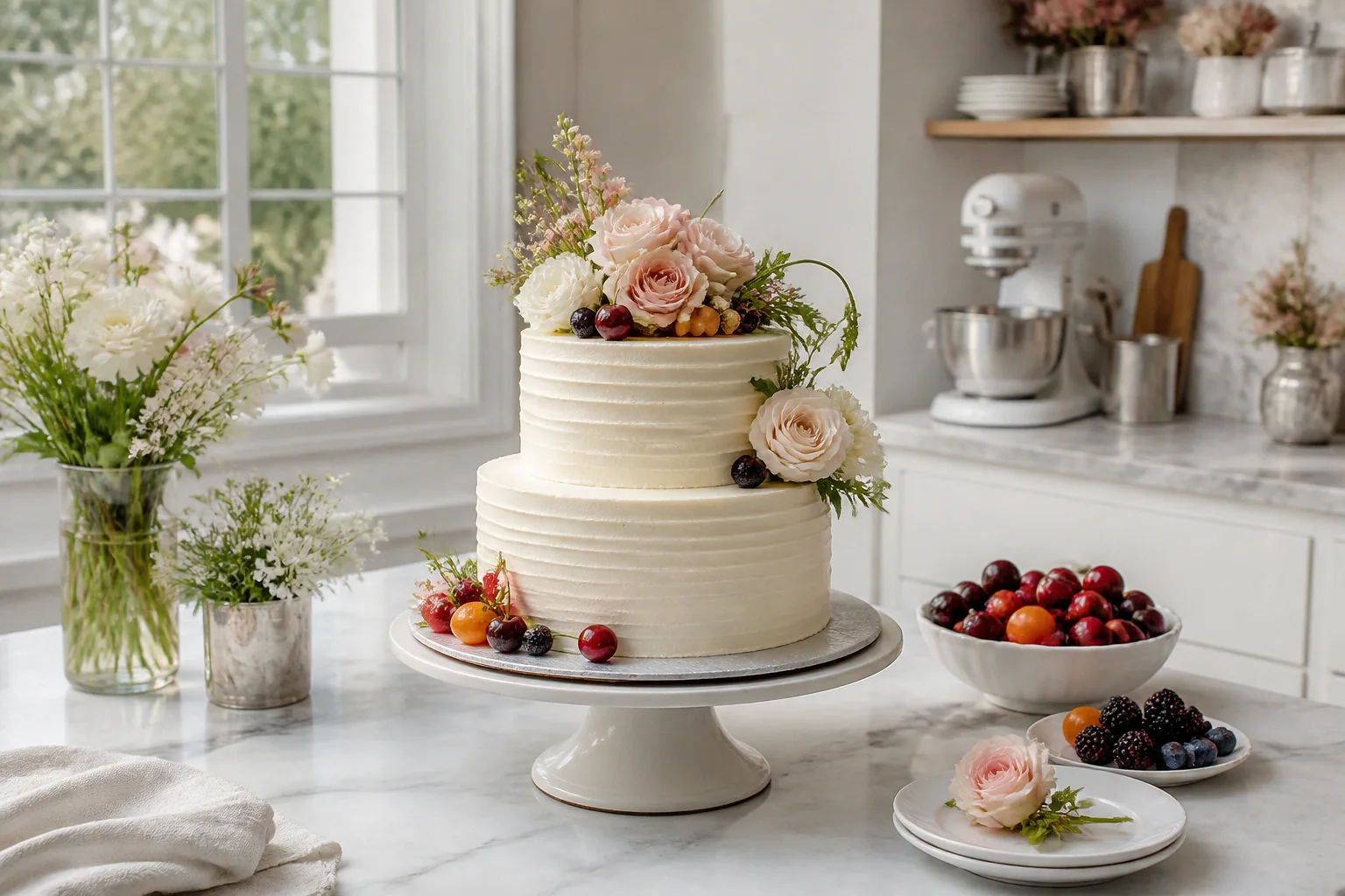 Gâteau de mariage préparé dans un atelier — illustration générée par IA