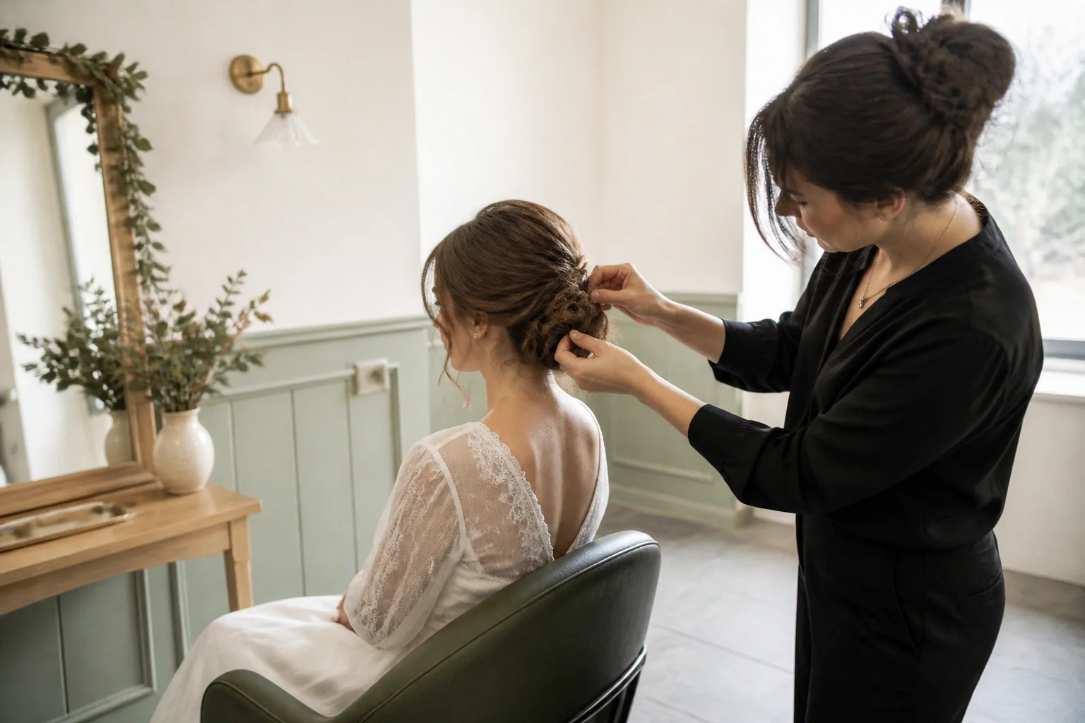 Coiffure de cérémonie vue pendant la préparation — illustration générée par IA