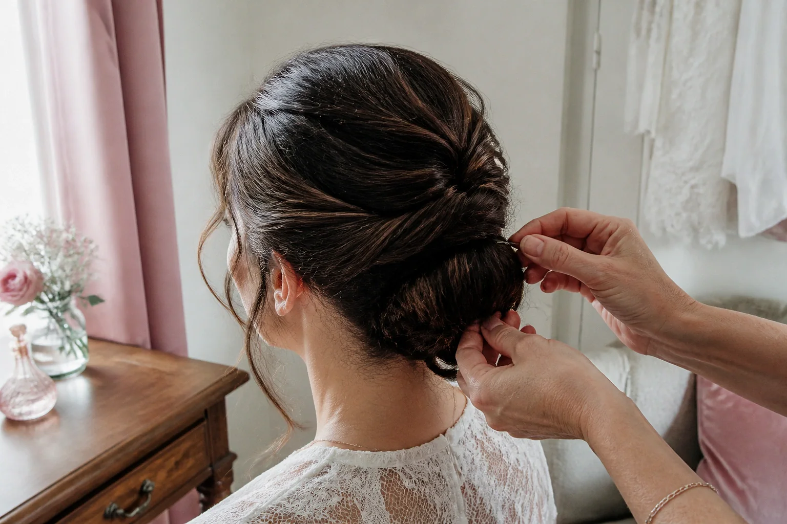 Coiffure de cérémonie vue pendant la préparation — illustration générée par IA
