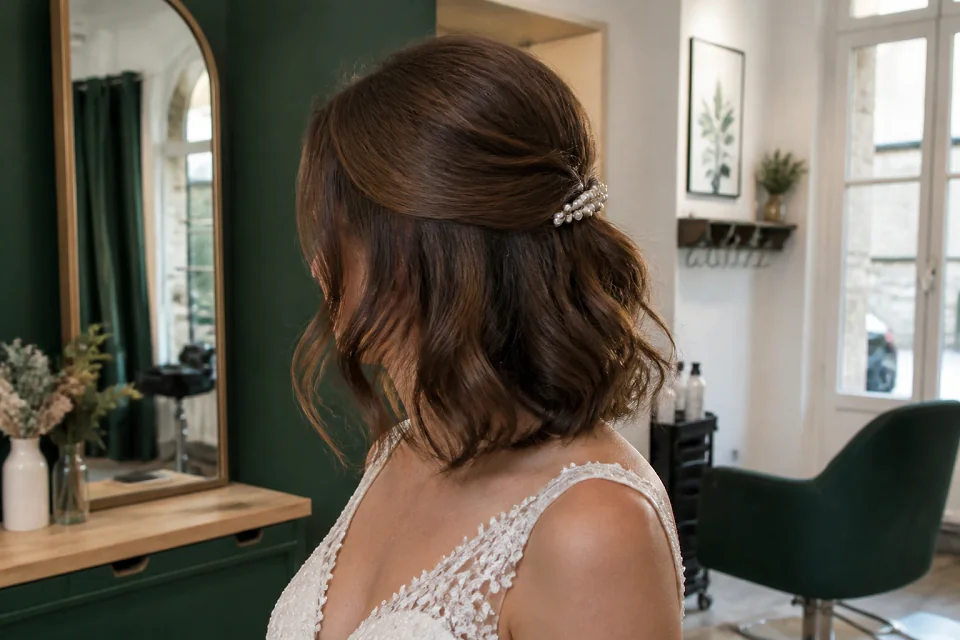 Coiffure de cérémonie vue pendant la préparation — illustration générée par IA
