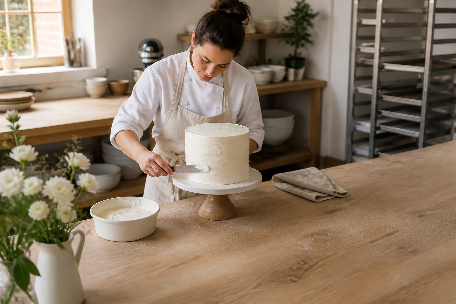 Gâteau de mariage préparé dans un atelier — illustration générée par IA