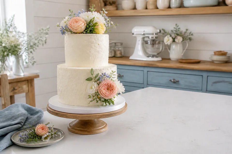 Gâteau de mariage préparé dans un atelier — illustration générée par IA