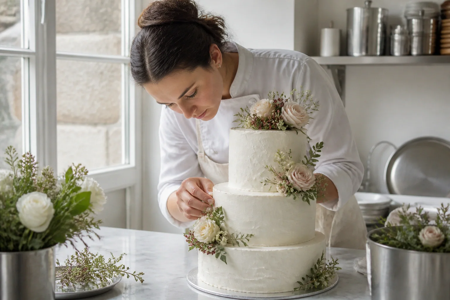 Gâteau de mariage préparé dans un atelier — illustration générée par IA