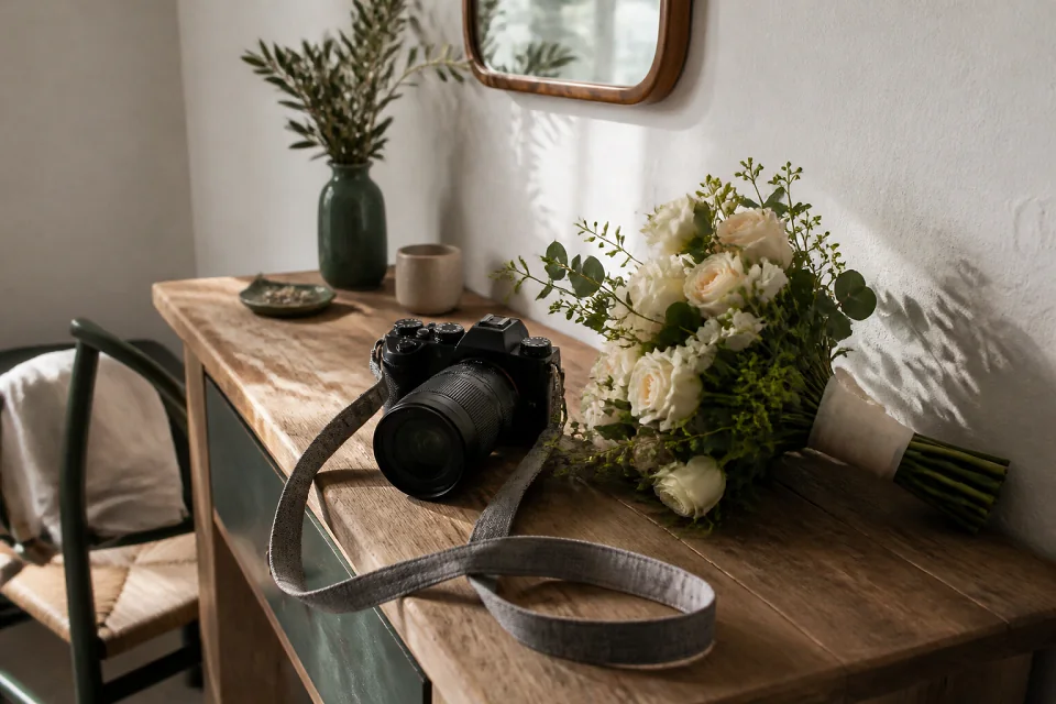 Appareil photo et accessoires de reportage de mariage — illustration générée par IA
