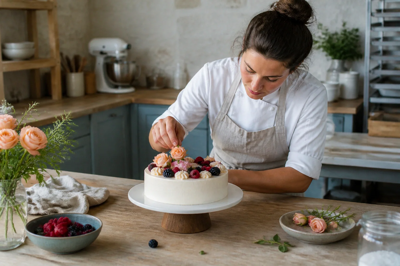 Gâteau de mariage préparé dans un atelier — illustration générée par IA