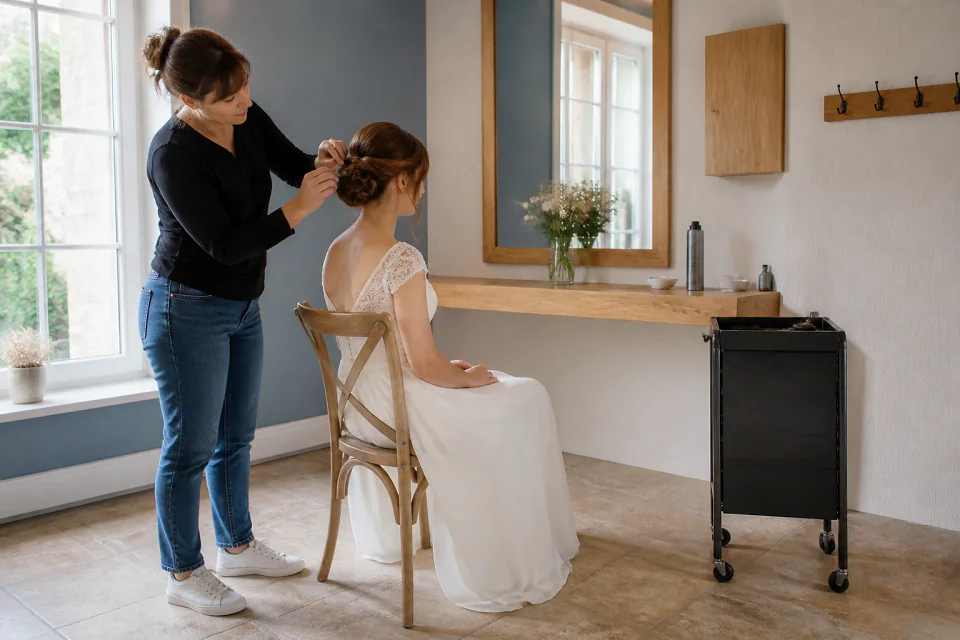 Coiffure de cérémonie vue pendant la préparation — illustration générée par IA