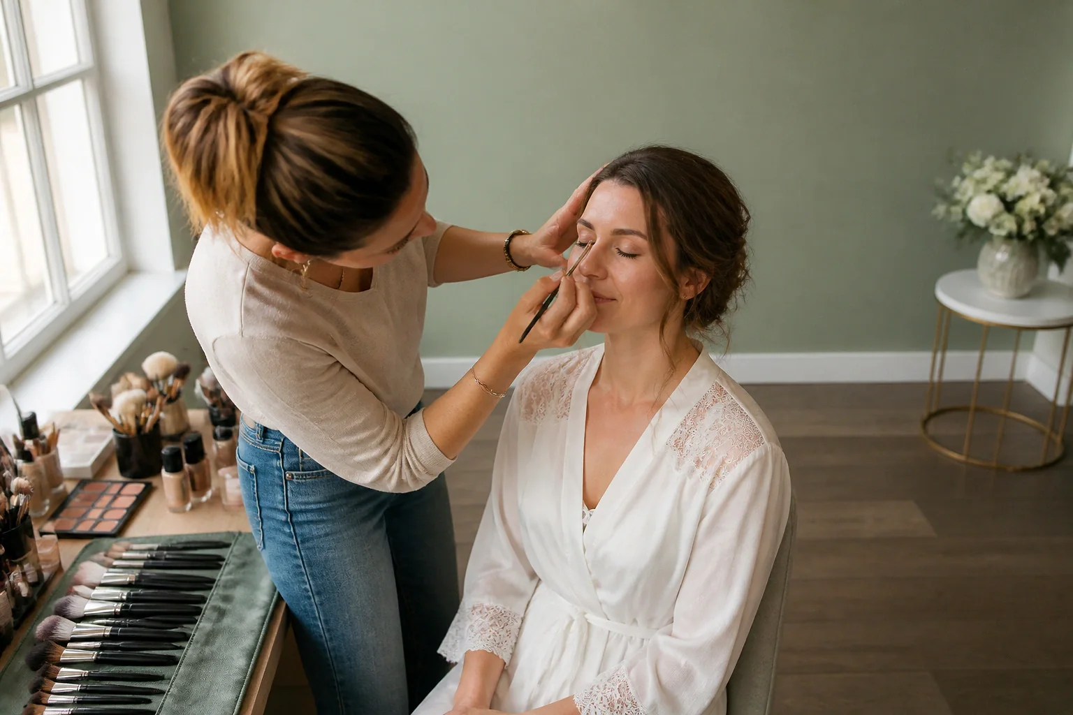 Préparation d’un maquillage de mariage — illustration générée par IA