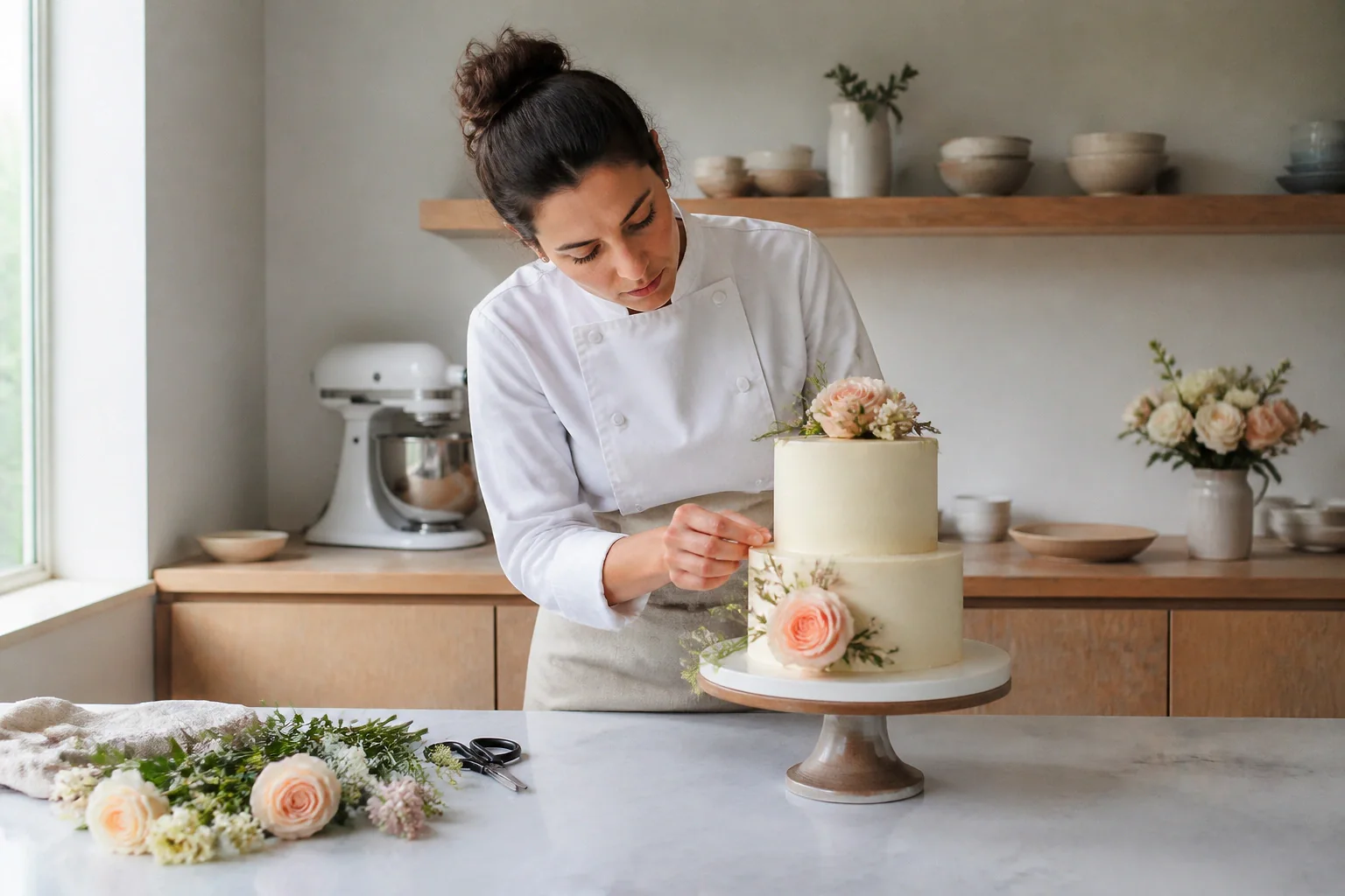Gâteau de mariage préparé dans un atelier — illustration générée par IA