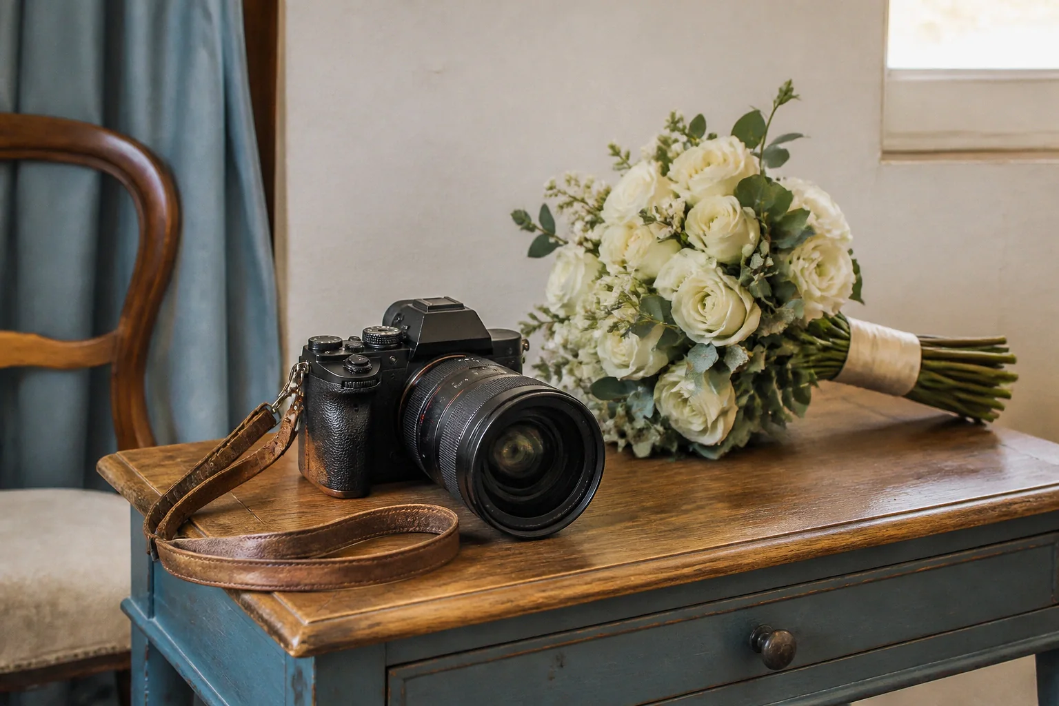 Appareil photo et accessoires de reportage de mariage — illustration générée par IA