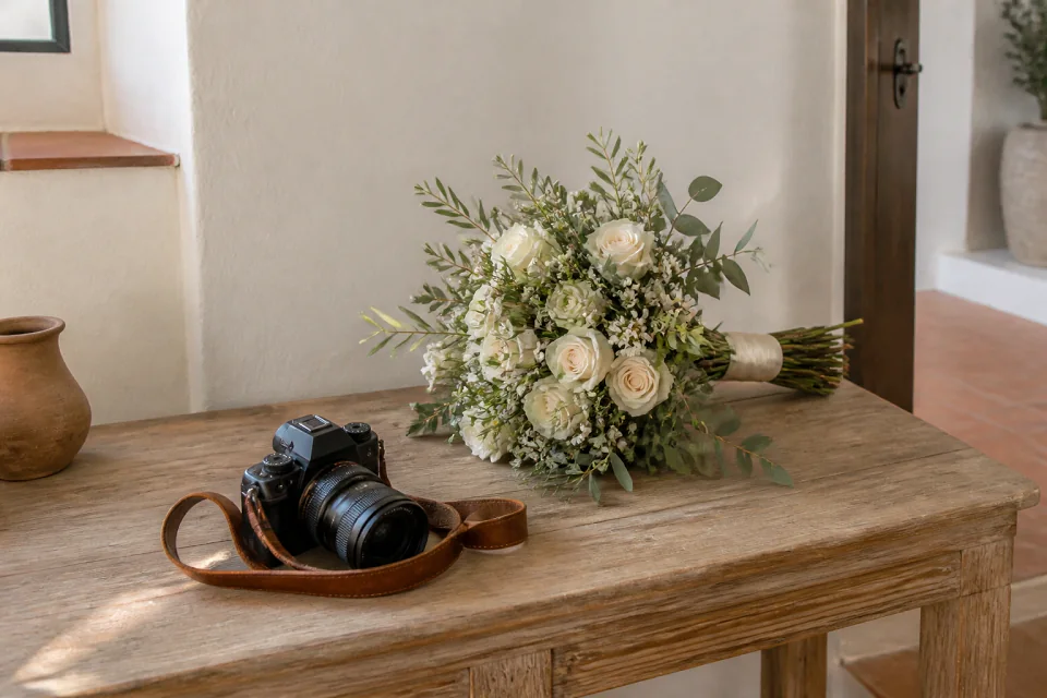 Appareil photo et accessoires de reportage de mariage — illustration générée par IA