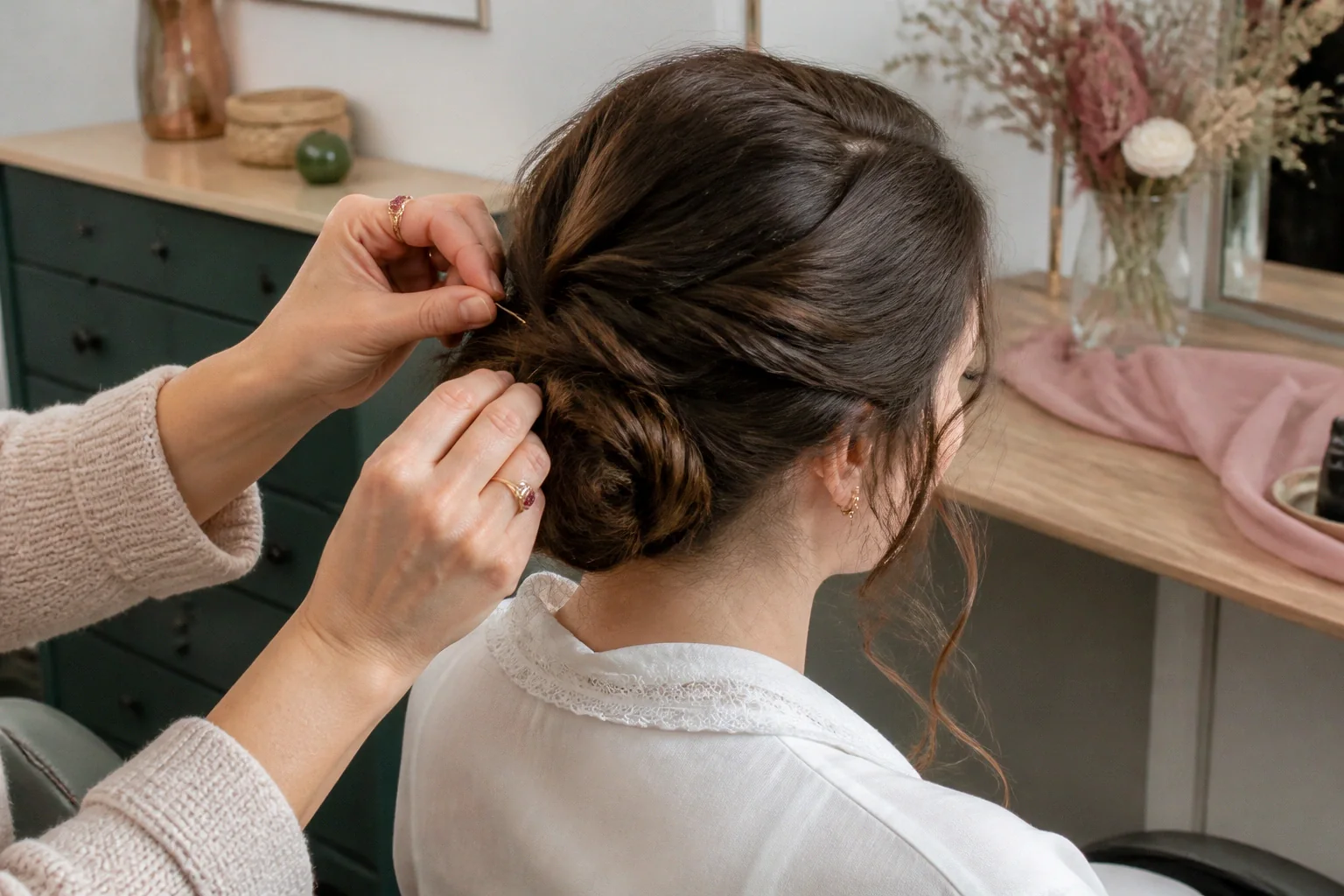 Coiffure de cérémonie vue pendant la préparation — illustration générée par IA