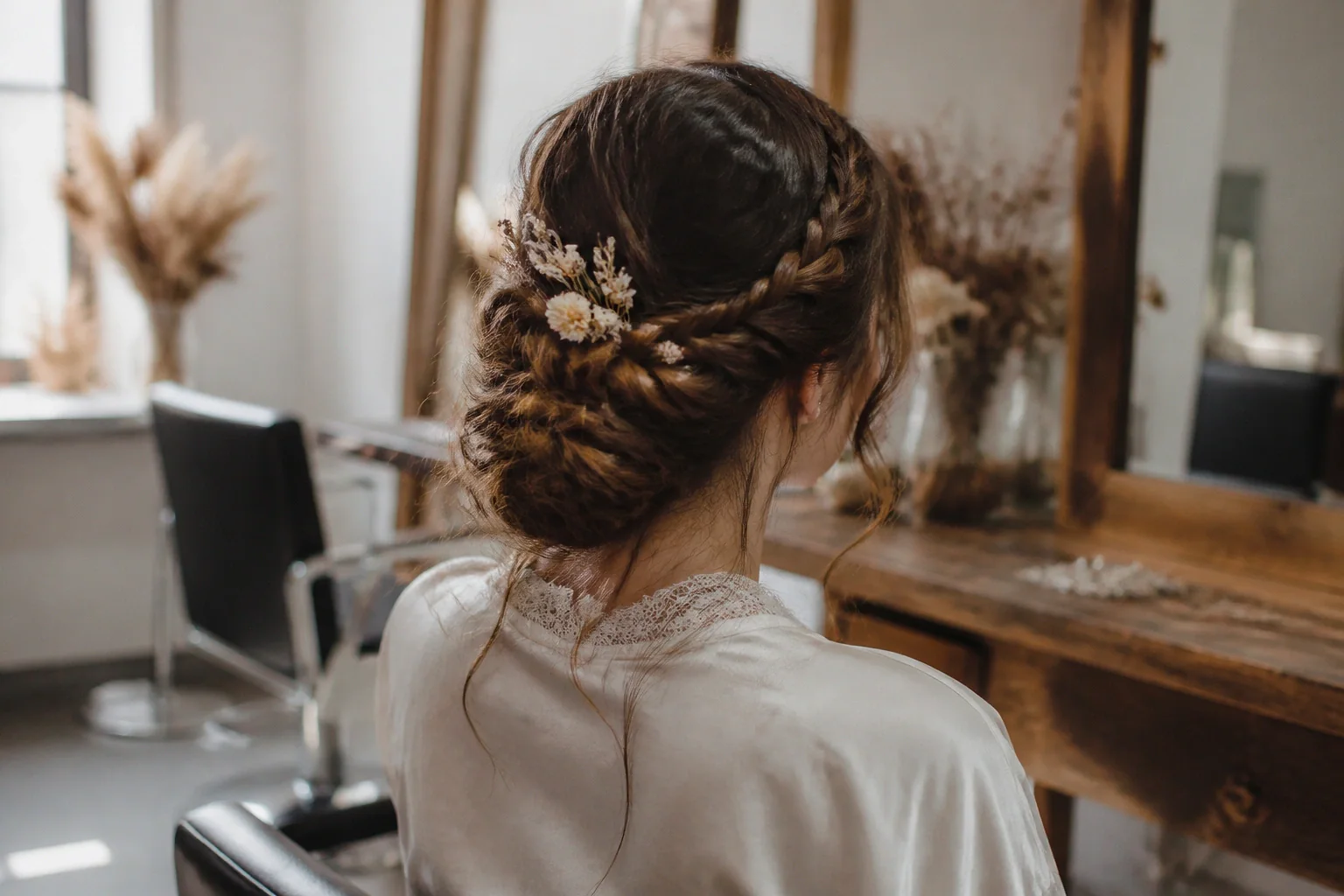 Coiffure de cérémonie vue pendant la préparation — illustration générée par IA