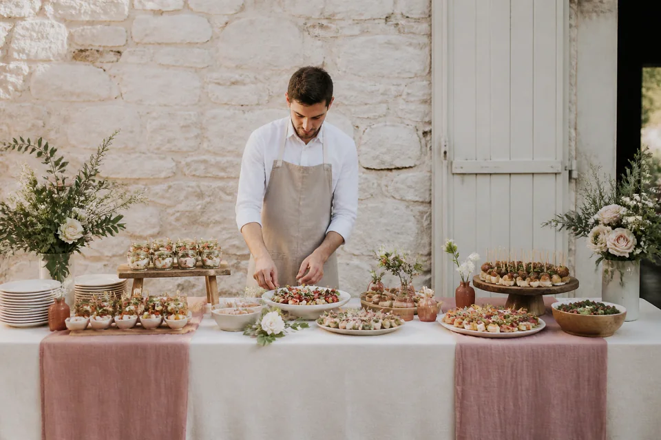 Préparations salées pour un cocktail de mariage — illustration générée par IA