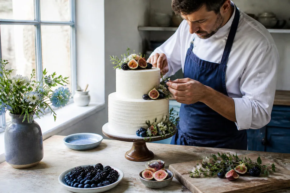 Gâteau de mariage préparé dans un atelier — illustration générée par IA